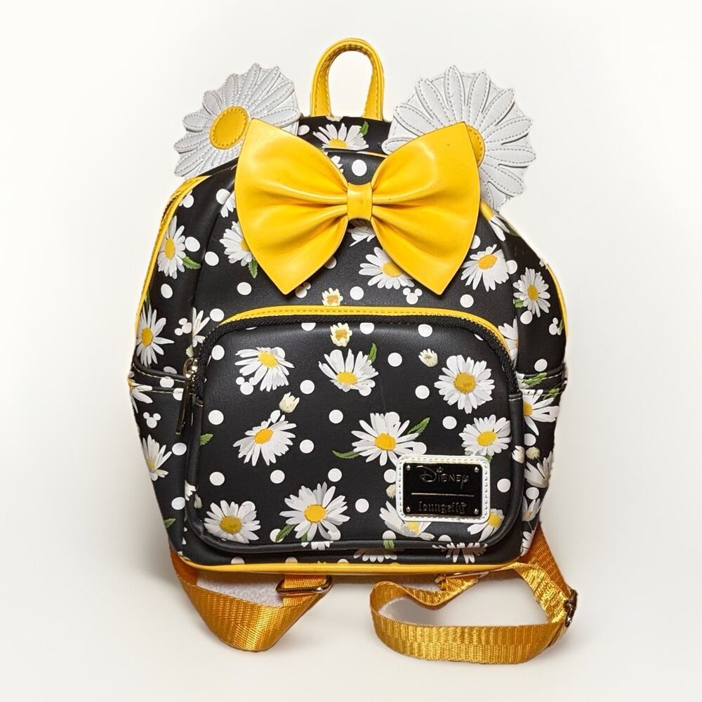Disney Loungefly Minnie Mouse Daisies Mini Backpack Black White Yellow